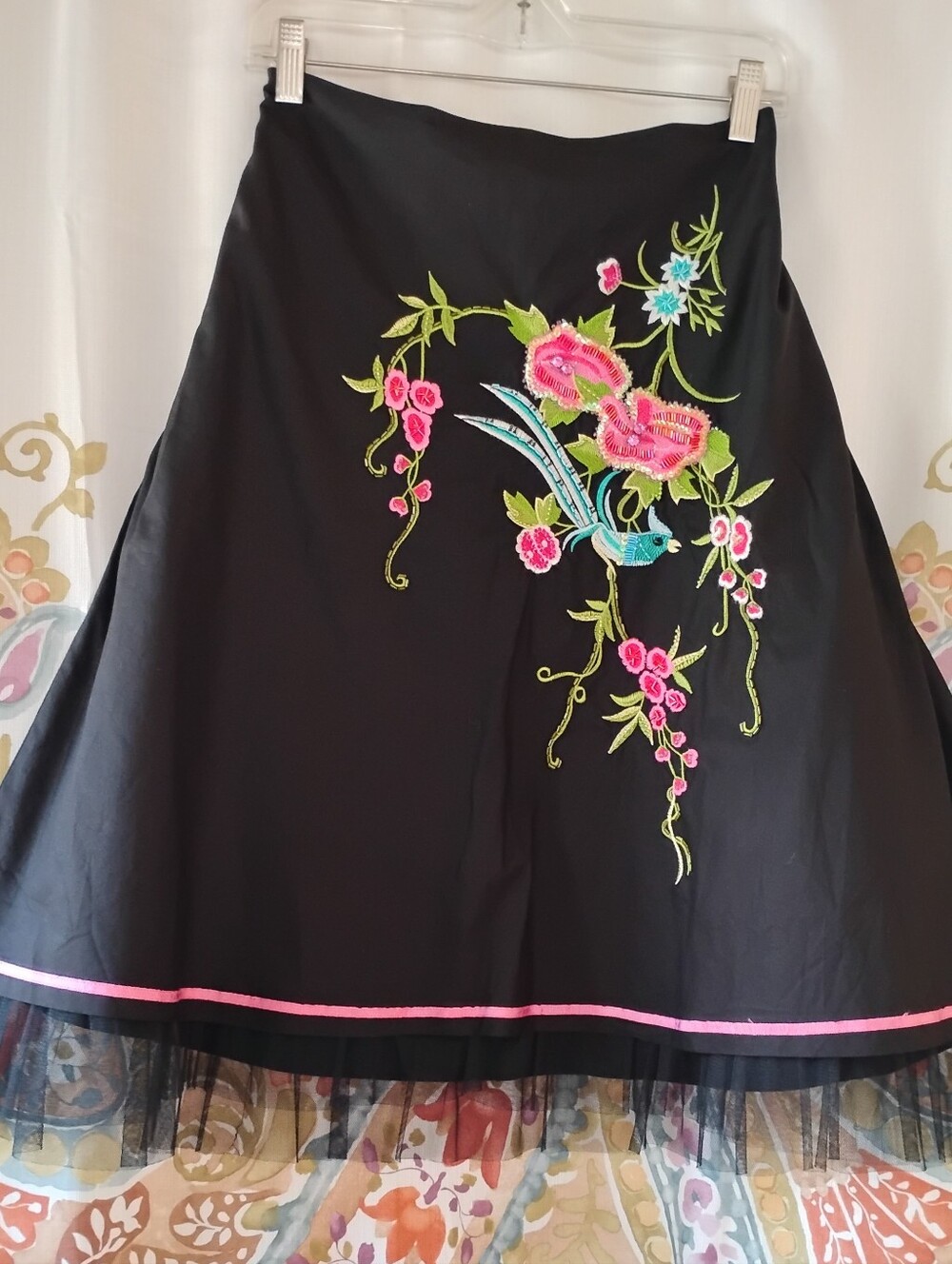 ING.COM Black A-Line Skirt with Pink Floral & Turquoise Bird Embroidery